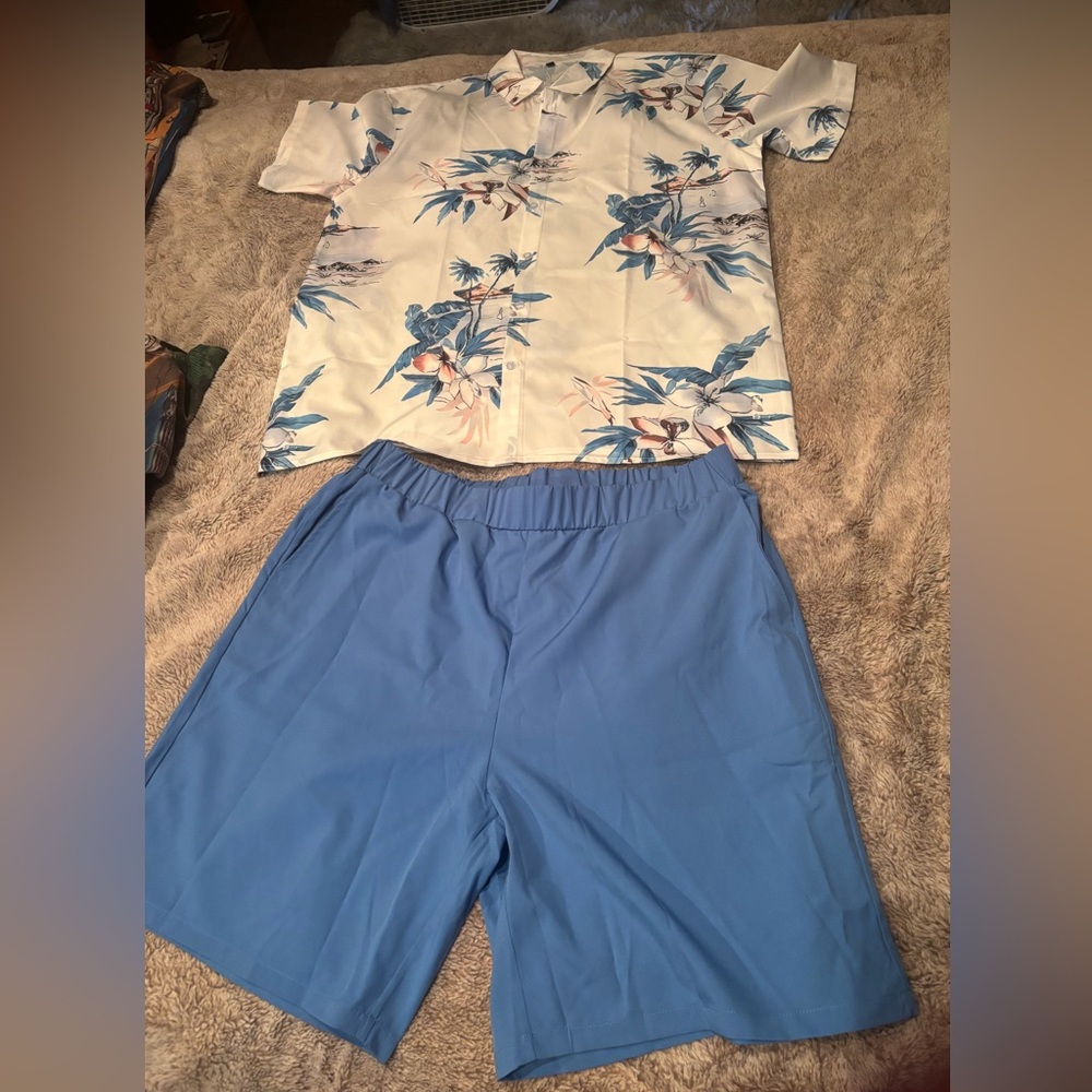 Floral Hawaiian Shirt and Blue Shorts Set